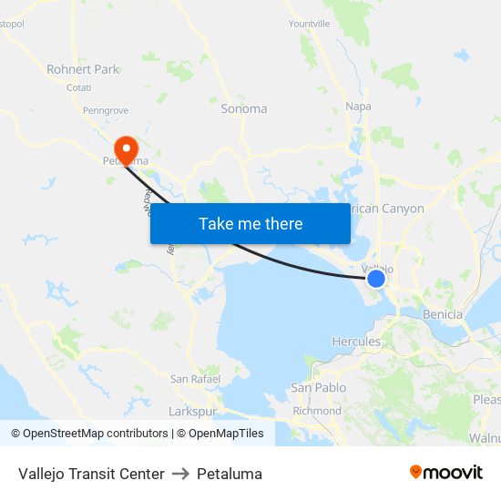Vallejo Transit Center to Petaluma map
