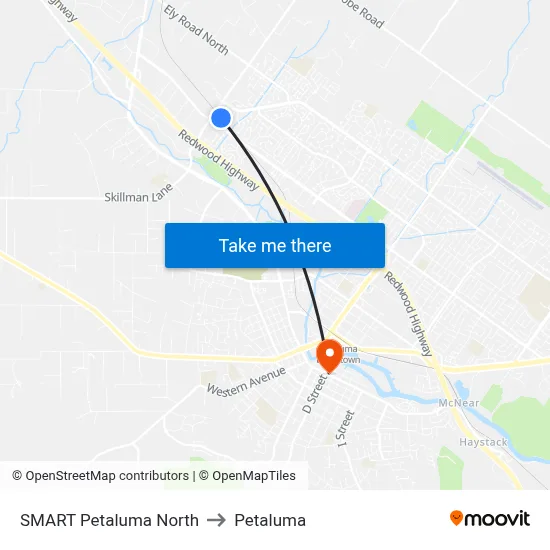 SMART Petaluma North to Petaluma map