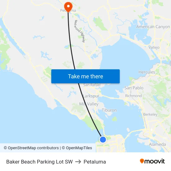 Baker Beach Parking Lot SW to Petaluma map