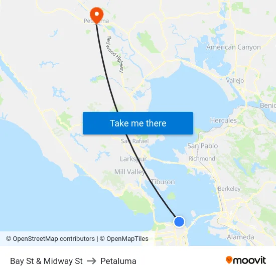 Bay St & Midway St to Petaluma map