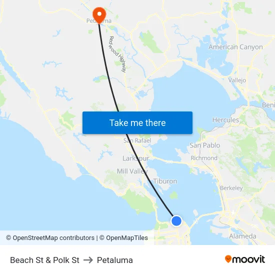 Beach St & Polk St to Petaluma map