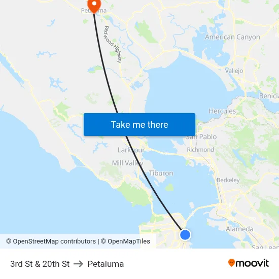 3rd St & 20th St to Petaluma map