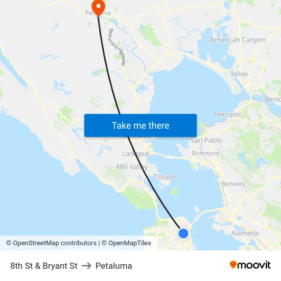 8th St & Bryant St to Petaluma map