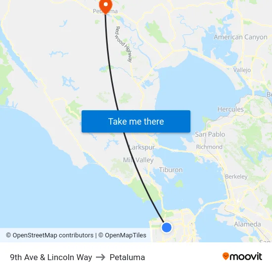 9th Ave & Lincoln Way to Petaluma map