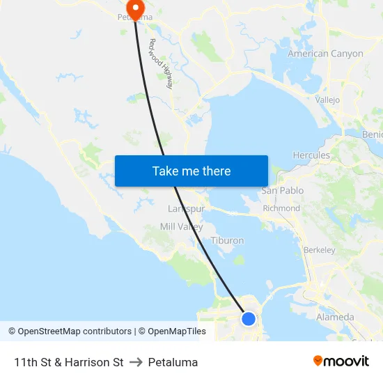 11th St & Harrison St to Petaluma map