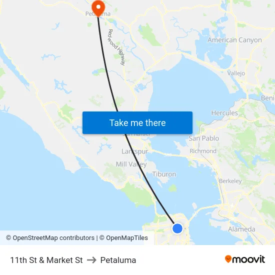 11th St & Market St to Petaluma map