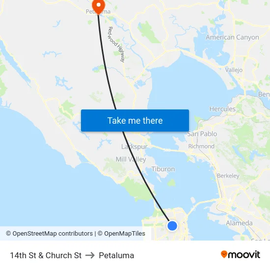 14th St & Church St to Petaluma map
