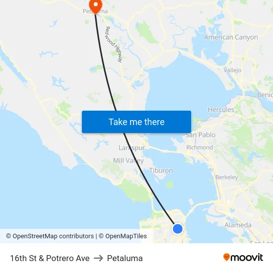 16th St & Potrero Ave to Petaluma map