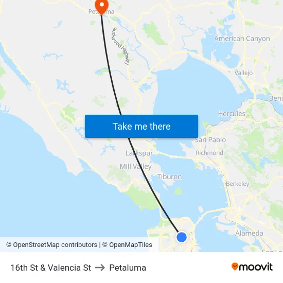 16th St & Valencia St to Petaluma map