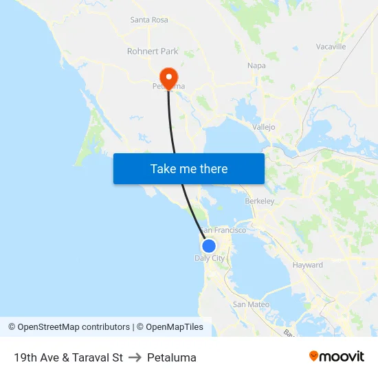 19th Ave & Taraval St to Petaluma map