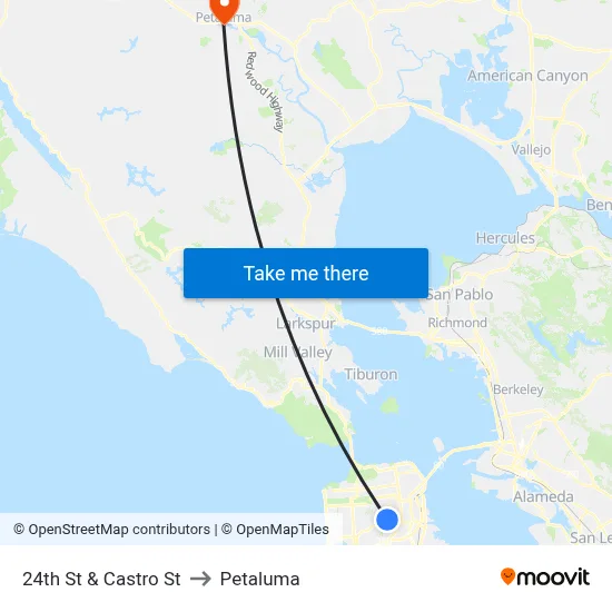 24th St & Castro St to Petaluma map