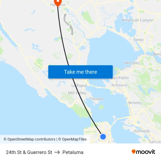 24th St & Guerrero St to Petaluma map