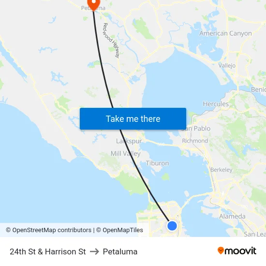 24th St & Harrison St to Petaluma map
