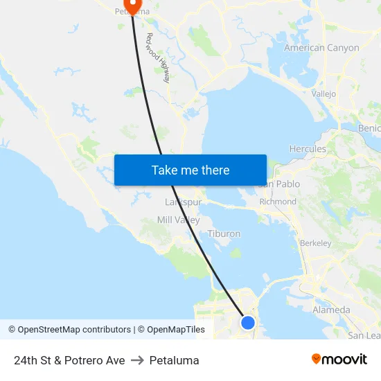24th St & Potrero Ave to Petaluma map