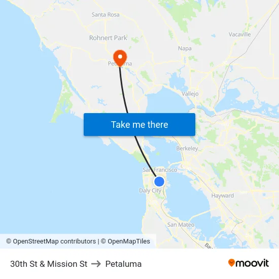 30th St & Mission St to Petaluma map