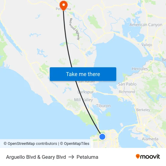 Arguello Blvd & Geary Blvd to Petaluma map