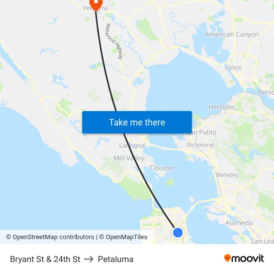 Bryant St & 24th St to Petaluma map