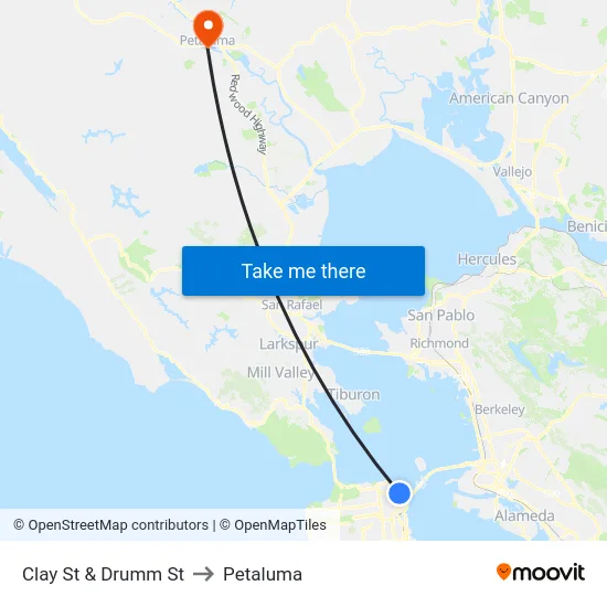 Clay St & Drumm St to Petaluma map
