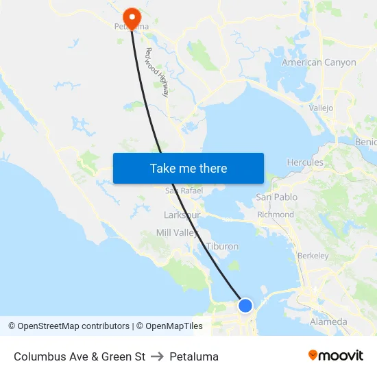 Columbus Ave & Green St to Petaluma map
