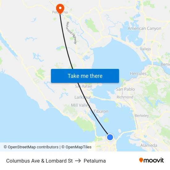 Columbus Ave & Lombard St to Petaluma map