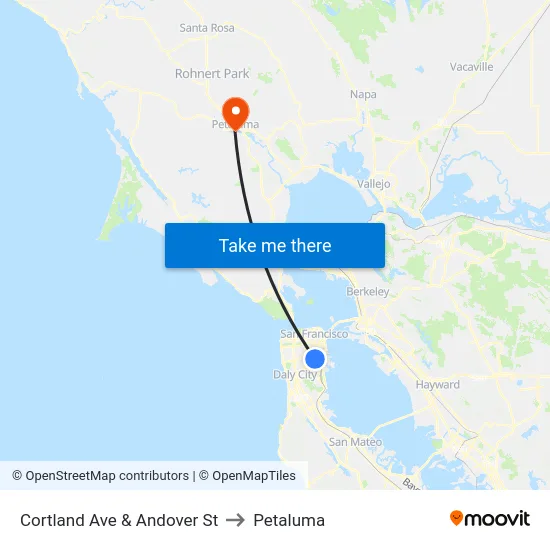 Cortland Ave & Andover St to Petaluma map