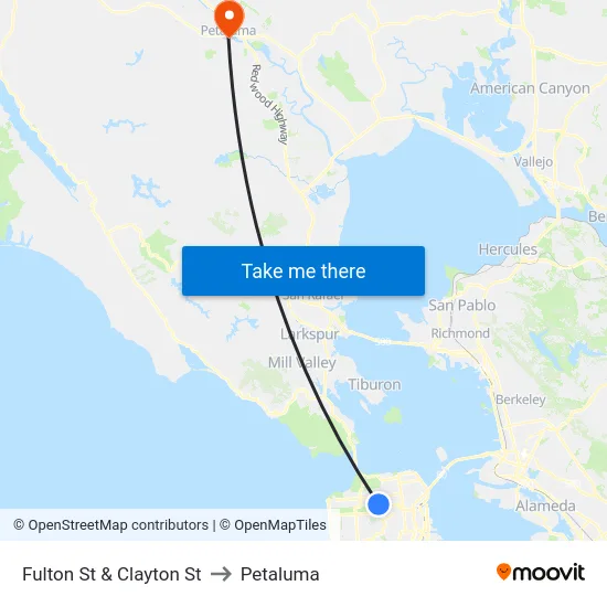 Fulton St & Clayton St to Petaluma map