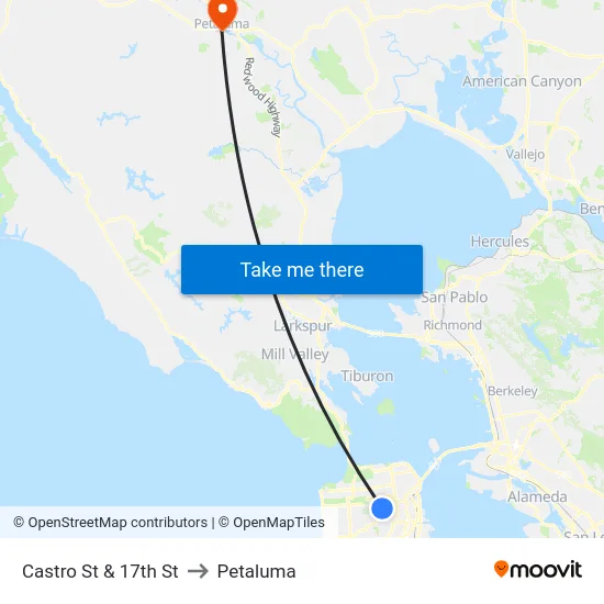 Castro St & 17th St to Petaluma map