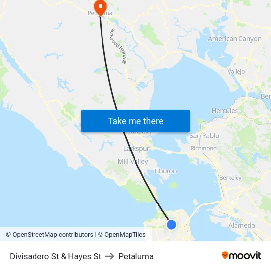 Divisadero St & Hayes St to Petaluma map