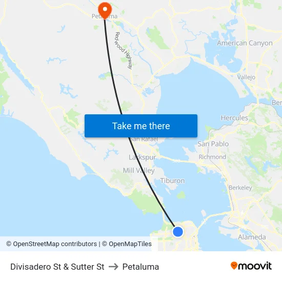 Divisadero St & Sutter St to Petaluma map