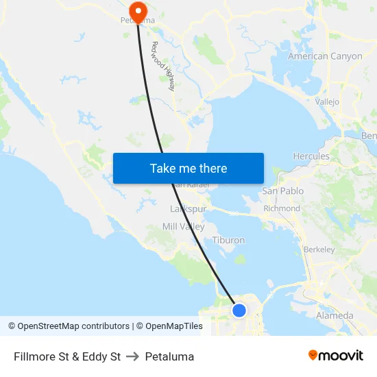 Fillmore St & Eddy St to Petaluma map