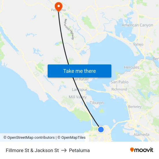 Fillmore St & Jackson St to Petaluma map