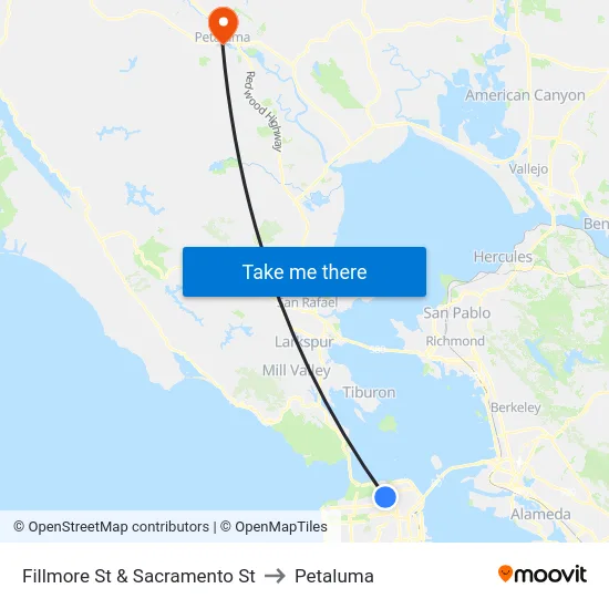 Fillmore St & Sacramento St to Petaluma map
