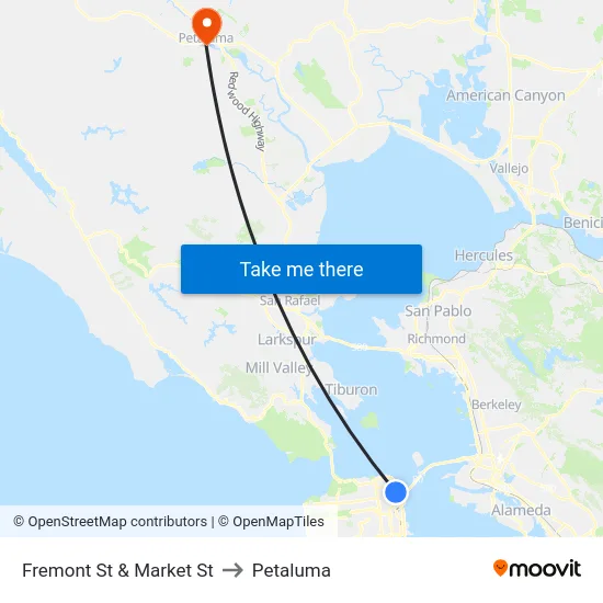 Fremont St & Market St to Petaluma map