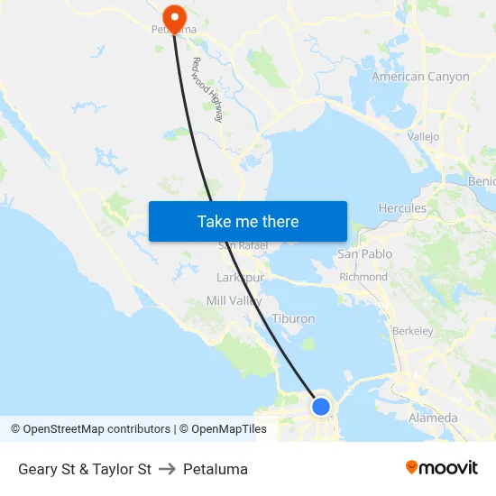 Geary St & Taylor St to Petaluma map