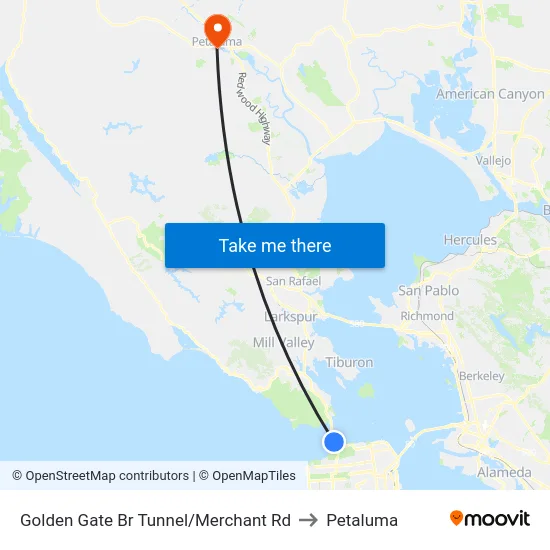 Golden Gate Br Tunnel/Merchant Rd to Petaluma map