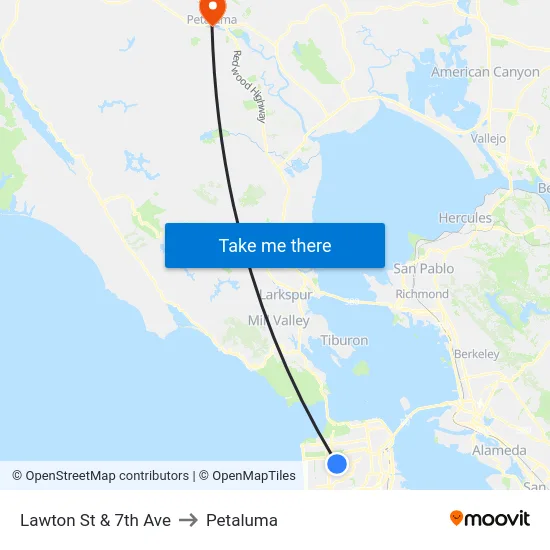 Lawton St & 7th Ave to Petaluma map