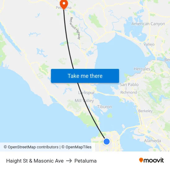 Haight St & Masonic Ave to Petaluma map