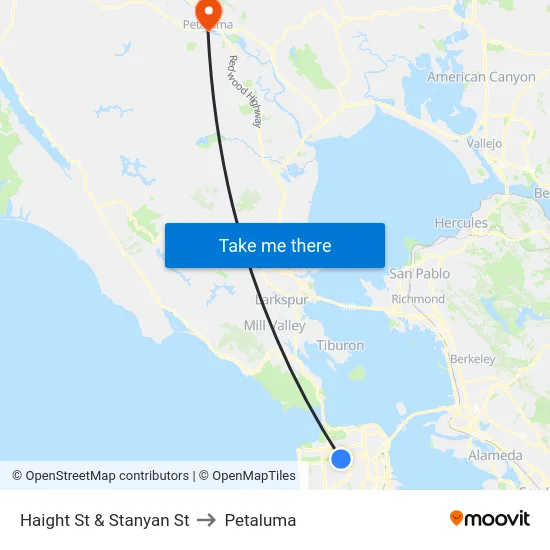 Haight St & Stanyan St to Petaluma map
