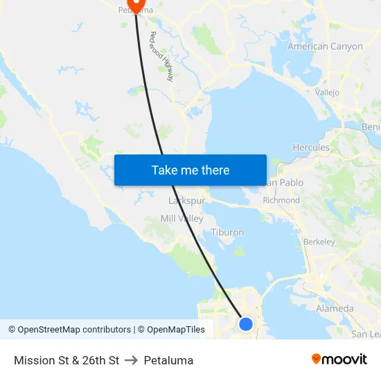 Mission St & 26th St to Petaluma map