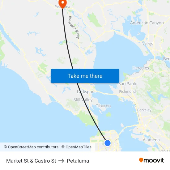Market St & Castro St to Petaluma map