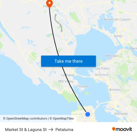 Market St & Laguna St to Petaluma map