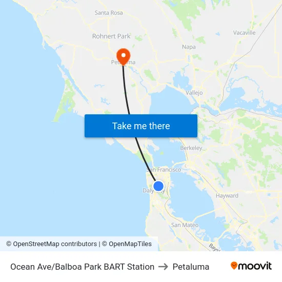 Ocean Ave/Balboa Park BART Station to Petaluma map