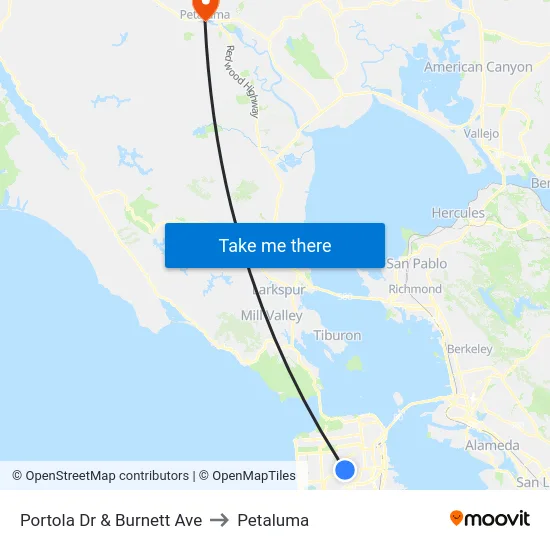 Portola Dr & Burnett Ave to Petaluma map