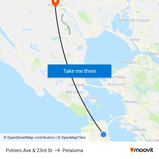 Potrero Ave & 23rd St to Petaluma map