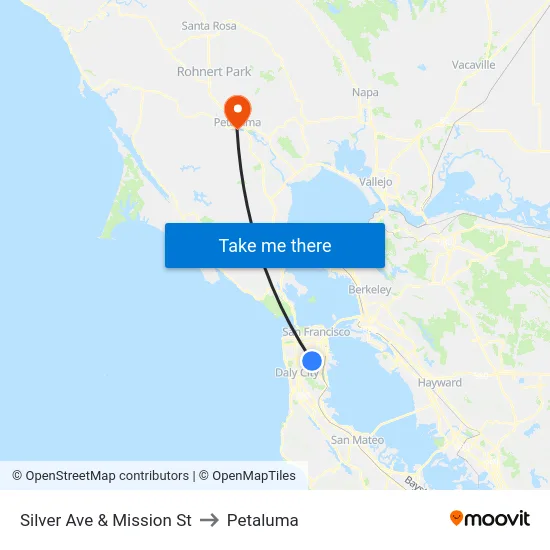 Silver Ave & Mission St to Petaluma map