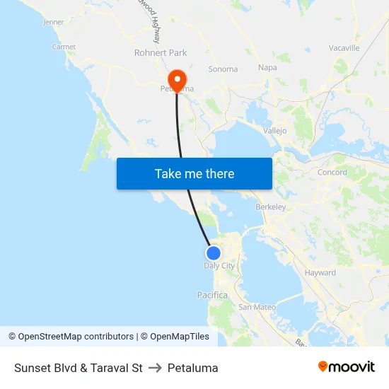 Sunset Blvd & Taraval St to Petaluma map