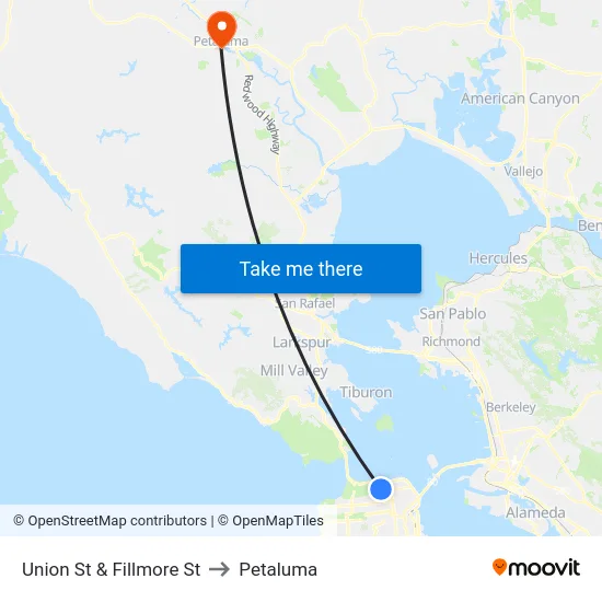 Union St & Fillmore St to Petaluma map