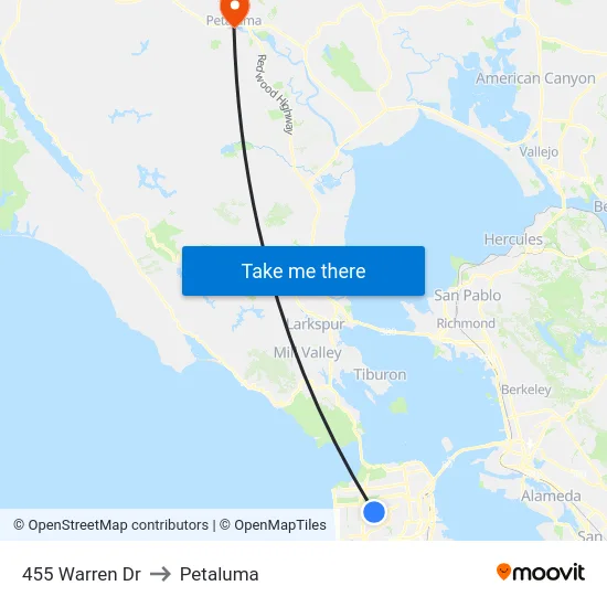 455 Warren Dr to Petaluma map