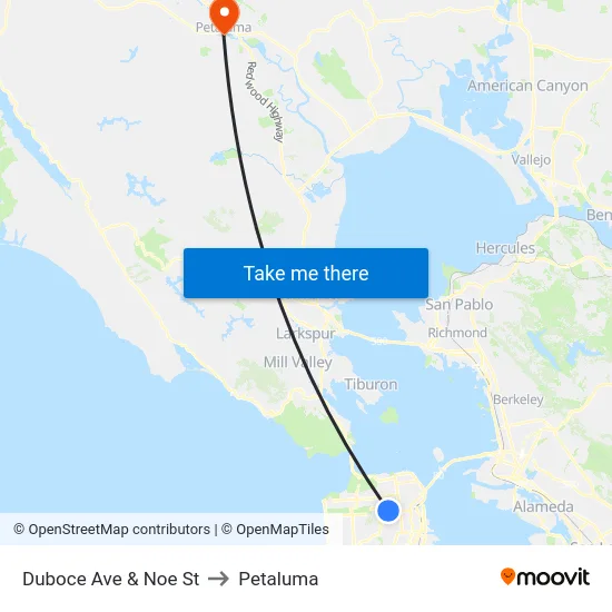 Duboce Ave & Noe St to Petaluma map