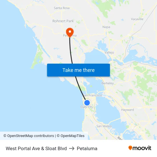 West Portal Ave & Sloat Blvd to Petaluma map